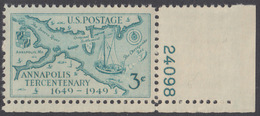 !a! USA Sc# 0984 MNH SINGLE From Lower Right Corner W/ Plate-# 24098 - Annapolis Tercentenary - Neufs