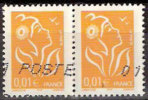 Timbre France Y&T N°3731a X2 (01) Obl. Paire. Marianne De Lamouche 0.01 €.(ITVF En GAO)  Jaune. Cote 0.15 € - 2004-2008 Marianne Van Lamouche