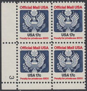 !a! USA Sc# O130 MNH PLATEBLOCK (LL/3) - Great Seal - Service