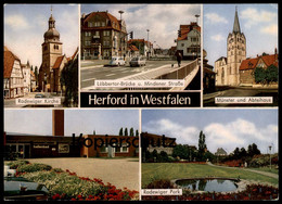 ÄLTERE POSTKARTE HERFORD IN WESTFALEN HALLENBAD RADEWIGER KIRCHE PARK LÜBBERTOR VW Volkswagen Käfer Kirche Cpa Postcard - Herford