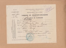 CHAMPIGNY SUR MARNE    Mairie     Bulletin De Naissance    Le   29 Octobre 1884 - Cachets Généralité
