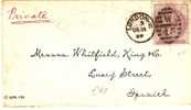 GBV069 / Revenue(Stempelmarke)als Freimarke London-Ipswich 1889 - Lettres & Documents