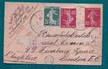 FRANCE - 1909 UPRATED ENTIER POSTAUX Type SEMEUSE FOND PLEIN From CHAMBRAY Par EURE To LONDON - OR Dans Un Cercle - Letter Cards