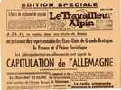 RARE Edition Speciale LE TRAVAILLEUR ALPIN 7 MAI 1945 - Obj. 'Souvenir De'