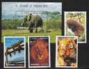 Q818.-.ST. THOME AND PRINCIPE.- 1996.- SCOTT # : 1237-1241.- ELEPHANTS, LIONS, TIGER. GREENPACE 25TH ANNIVERSARY.- - Elephants