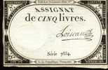 Assignat De Cinq Livres, Créé Le 10 Brumaire De L´an 2 De La République Française - Série 7854 - Assignats