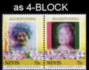 NEVIS 1985, Queen Mother 75c Se-tenant 4-BLOCK ERROR Colour Shift   [Fehler,erreur,errore,fout] - St.Kitts Y Nevis ( 1983-...)