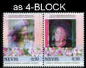 NEVIS 1985, Queen Mother $1.50, Se-tenant 4-BLOCK ERROR Colour Shift   [Fehler,erreur,errore,fout] - St.Kitts And Nevis ( 1983-...)