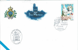 FDC SAN MARINO FRATERNITÉ SAINT-MARIN L'AMÉRIQUE - STATUE DE LA LIBERTÉ - DRAPEAUX - Timbres