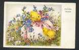 VINTAGE EASTER POSTCARD DECORATED WITH GLITTERING POWDER, CHICKENS BY HANNES PETERSEN - Petersen, Hannes