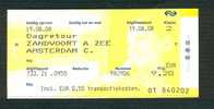 Ticket (billete, Biglietto, Kaartze) Train (zug, Tren, Treno) : Zandvoort A Zee - Amsterdam A.R. (Hollande, Pays-Bas) - Europe