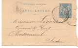 CARTE LETTRE ENTIER SAGE 15 C BORDEAUX 1899 POUR CHASSENEUIL INDRE  /   100 - Cartes-lettres