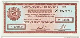 **Pas Courant** 100.000 Pesos  Chèque-monnaie  "BOLIVIE"  21 Décembre1984   P197  UNC  Ble 18 - Bolivië