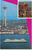 Seattle Space Needle And Waterfront With Ferry Boat On Vintage Postcard - Seattle