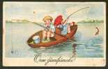 1937  BOY AND GIRL IN BOAT FISHING , FISH, VINTAGE POSTCARD - Fish & Shellfish