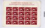 Liechtenstein: 1963 Feuille Complète N**"lutte Contre La Faim, Freedom From Hunger" - ACF - Aktion Gegen Den Hunger