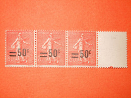 FRANCE-N°220-80c Semeuse Lignée Rouge Surchargée 50c. Bande De 3 Bord De Feuille **Très Bien Centrée. Surcharge Déplacée - Unused Stamps