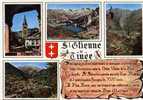 Saint Etienne De Tinée (Alpes Maritimes) : Carte Mutivues Avec Blason Et Texte En Caractères Gothiques - Saint-Etienne-de-Tinée