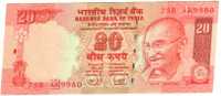 INDIA 20 RUPEES  RED  GANDHI FRONT LANDSCAPE  BACK ND (2005) P.? LETTER E SIGN89 UNC READ DESCRIPTION !! - India