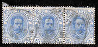 1891/1896 REGNO STRISCIA DI TRE 25C AZZURRO SASS 62 - Usados