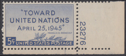 !a! USA Sc# 0928 MLH SINGLE From Lower Right Corner W/ Plate-# 23276 - United Nations Conference - Nuevos