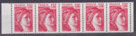 VARIETE TYPE SABINE 1f ROUGE GOMME TROPICALE  BANDE DE 5 DE CARNET NEUFS LUXES - Unused Stamps