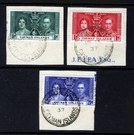 CAYMAN ISLANDS - 1937 CORONATION SET (3V) ON PIECE WITH FDC CANCEL FINE USED SG 112-114 - Kaaiman Eilanden