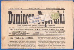 Rumänien; Wrapper 1922; Michel 252; Zeitung Dumineca Poporului Nr 34; 8 Seiten; Romania - Lettres & Documents