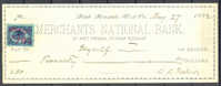 United States US Internal Revenue Merchants National Bank Check 1882 - Fiscaux