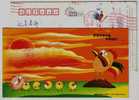 Cartoon Cock Family And Rising Sun,China 2005 Fujian Post Lunar New Year Of Rooster Advertising Pre-stamped Card - Chinese New Year