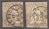 SWITZERLAND, 2x 5 CENTIMES  STRUBEL (RAPPEN), BOTH BLACK SILK THREAD - Used Stamps
