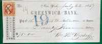US - REVENUE STAMP On 1869 GREENWICH BANK Check - Fiscaux