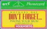 # UK_BT BTA31 Woolworths Mothers Day 5 Landis&gyr 01.92 Tres Bon Etat - BT Advertising Issues