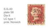 SG 40, Yvert 14a -Die II -  Perf. 14: Pl. 58 Large Crown Type 1 (pmk Norwich) - Used Stamps