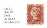 SG 40, Yvert 14a -Die II -  Perf. 14: Pl. 58 Large Crown Type 1 (pmk Norwich) - Gebruikt