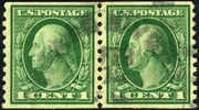 US #443 XF Used 1c Washington Coil Pair Of 1914 - Roulettes