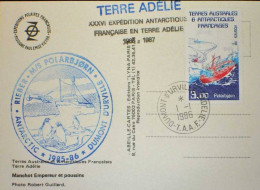 Carte Postale EPF. Cachet Polar Bjorn. Obl Dumont D'Urville 1-1-86. 2 Griffes. PEV.EPF. TAAF Terre Adélie - Storia Postale