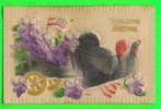 THANKSGIVINGS  GREETINGS - HEAVILY EMBOSSED  TURKEYS,  PULLING FLOWERS  & FLAG - MADE IN GERMANY - TIC - - Giorno Del Ringraziamento