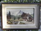 Tableau De F. Raugel, Bois Sculpte Et Peint Representant Paysage De Montagne Et Chalet, Art Populaire De Savoie, Kitsch - Popular Art