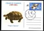 Charles Darwin,obliteration Concordante 2009 "Origin Of Species" Postcard  Romania. - Tortues