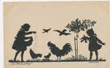 SILHOUETTE, Children Little Girl Feeds Chicken, Rooster, Sign. H. Schaberschul, EX Cond. PC Not Mailed, CAFS, Dresden - Scherenschnitt - Silhouette