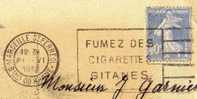 FLAMME FUMEZ DES CIGARETTES GITANE MARSEILLE ST FERREOL BOUCHE DU RHONE 1933 SUR CARTE ENTIERE 40CTS SEMEUSE - Tobacco