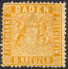 Baden #13a Mint No Gum 6kr Yellow Orange From 1862 - Nuevos