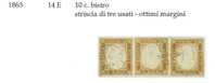 Antichi Stati: Regno Di Sardegna - Tinte Del 1863 - 14 E - 10 Cent. Bistro - Usato - Striscia Di Tre - Ottimi Margini - Sardaigne