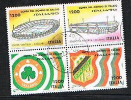 ITALIA  REPUBBLICA - CAT.1940.1943  - 1990 COPPA DEL MONDO DI CALCIO ITALIA 90 - 4 VALORI DA 1200 IN BLOCCO  USATI (°) - Blocks & Sheetlets