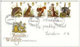 Great Britain 1977 FDC United Kingdom UK, England Badger Squirrel Hedgehog Hare Otter, British Wildlife, London - 1971-80 Ediciones Decimal