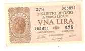 1780)splendida Banconota Da 1 Lira  Italia Laureata1943 FDC Vedi Foto - Italië – 1 Lira