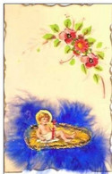 NOEL-CARTE CELLULOID-enfant Jesus-plumes-fleurs - Altri & Non Classificati