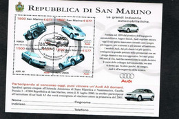 SAN MARINO - UNIF.BF63 FOGLIETTO - 1999  LE GRANDI INDUSTRIE AUTOMOBILISTICHE : AUDI    - USATO - Blocchi & Foglietti