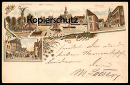 ALTE LITHO POSTKARTE GRUSS AUS LEER 1895 C. FR. SAUL MÜHLENSTRASSE KRIEGERDENKMAL NEUESTRASSE HAFEN Verlag Rosenblatt - Leer